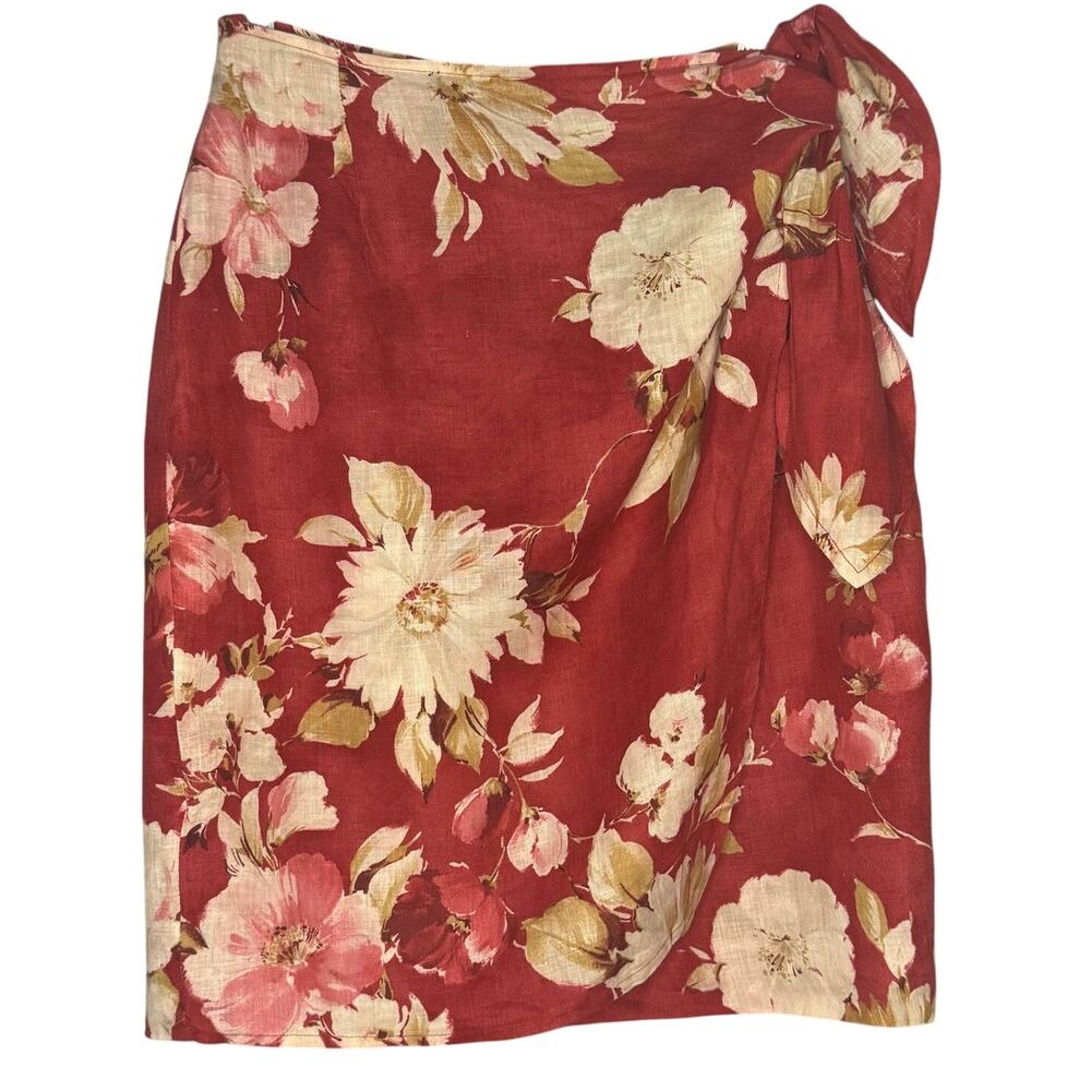 Jones New York 100% Linen Lightweight Faux Wrap Side Tie Skirt Women 6 Red Beige